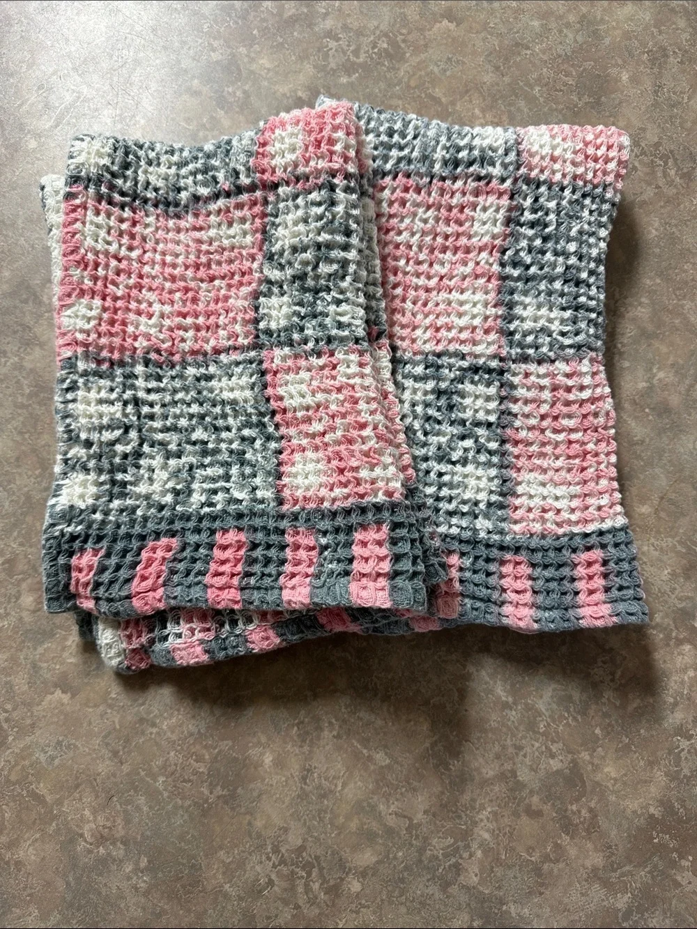 World market Pink, Gray & Cream Block Print Waffle Weave Hand Towel 2